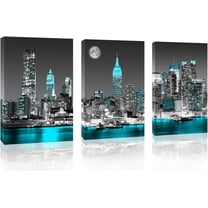 Canvas Wall Art for Bedroom New York City Wall Decor Empire State Building Skyline Teal City Wall Art for Living Room Office Bathroom Home Decoration 3pcs Canvas Prints Framed 12"x16" Modern Artwork