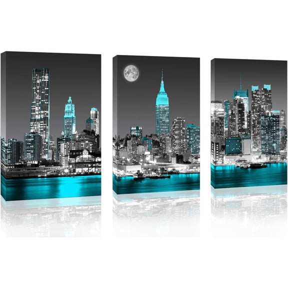 Canvas Wall Art for Bedroom New York City Wall Decor Empire State Building Skyline Teal City Wall Art for Living Room Office Bathroom Home Decoration 3pcs Canvas Prints Framed 12"x16" Modern Artwork