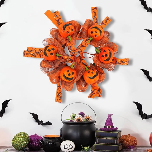 Decoración colgante de puertas con corona de Halloween | Guirnalda de malla de calabaza naranja | Cráneo Esqueleto Mecánico | Material de espuma | Decoración espeluznante de mesa de patio | 1 Pc