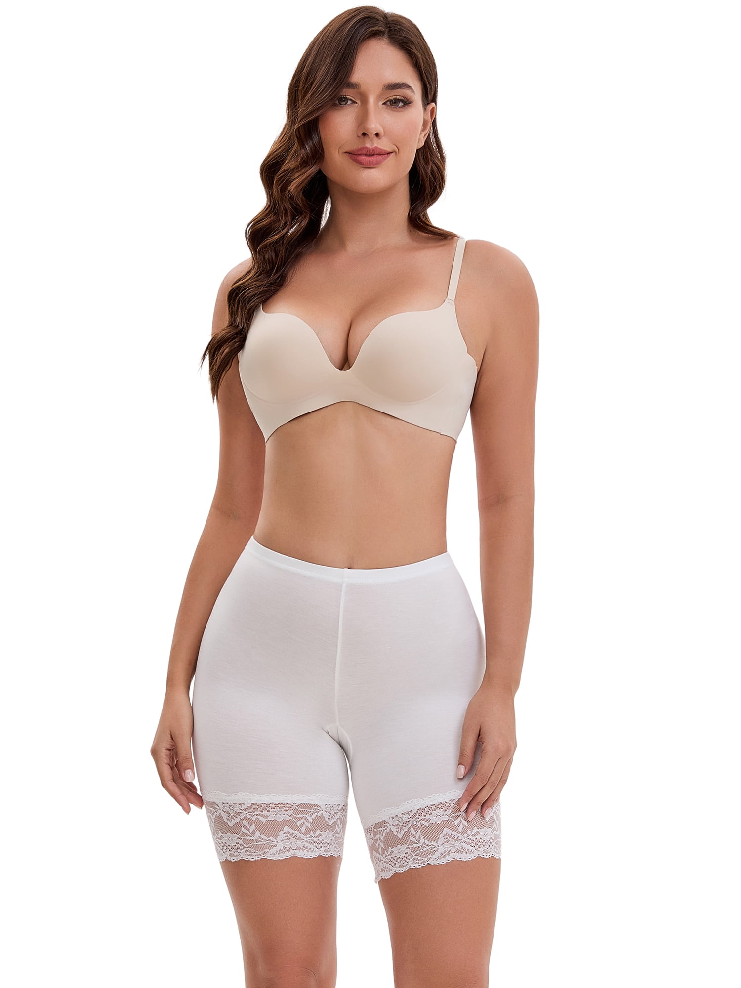 DARING DIVA Women's Wide Lace Trim Shorts Mid Thigh Slimme Underwear S White