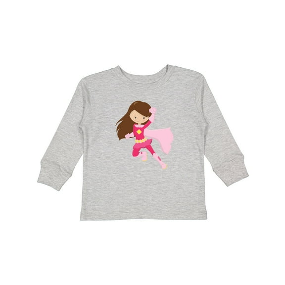 Inktastic Superhero Girl, Cute Girl, Brown Hair, Pink Cape Girls Long Sleeve Toddler T-Shirt