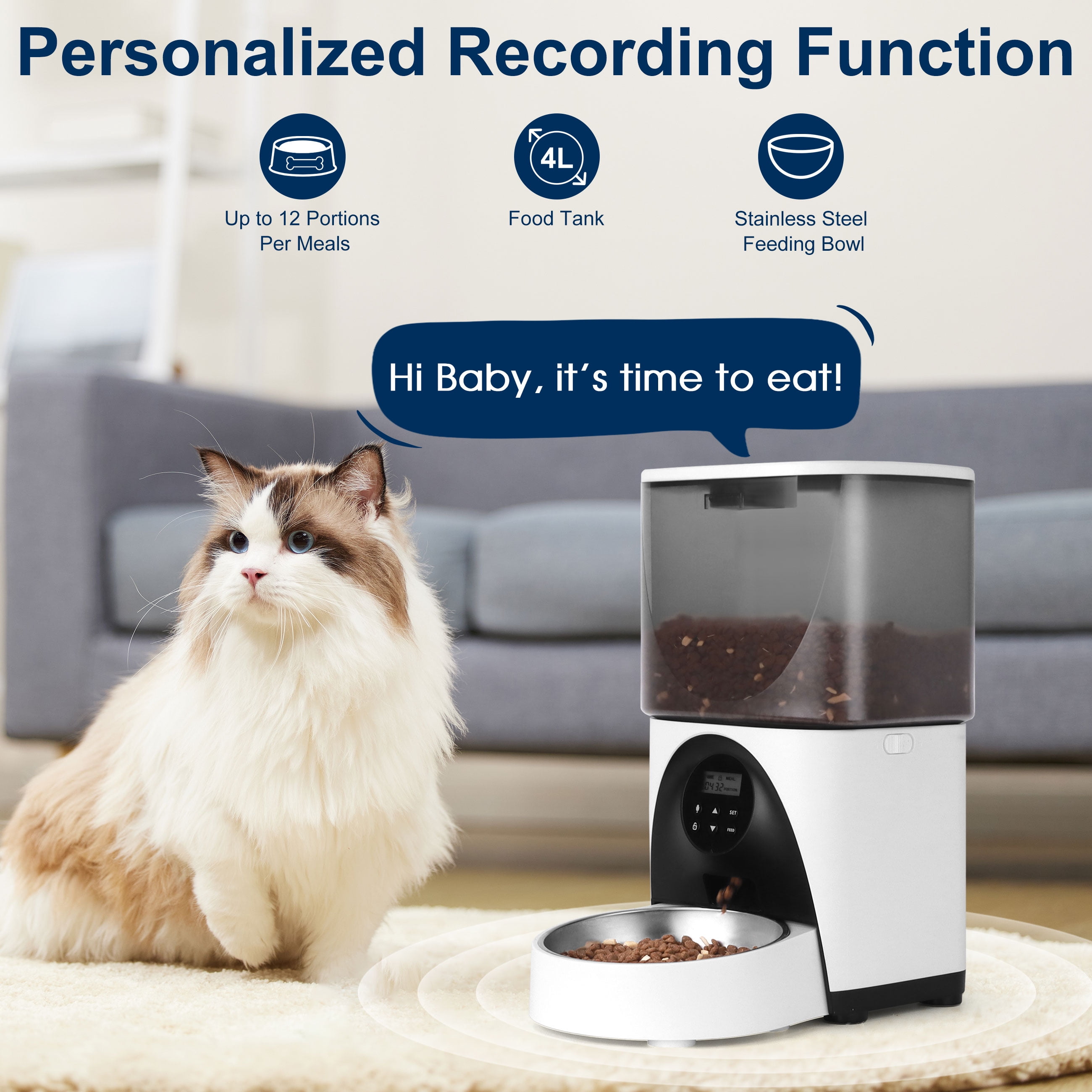 Cobectal 4L Automatic Cat and Dog Pet Feeder, Cat Food dispenser With Stainless Steel Bowl, Black