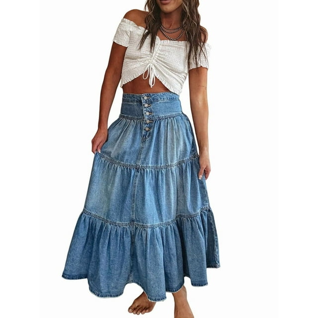 Robe Maxi Bohème pour Femmes, Taille Haute à Volants, Robe Longue de Plage à Volants, Bleu Denim