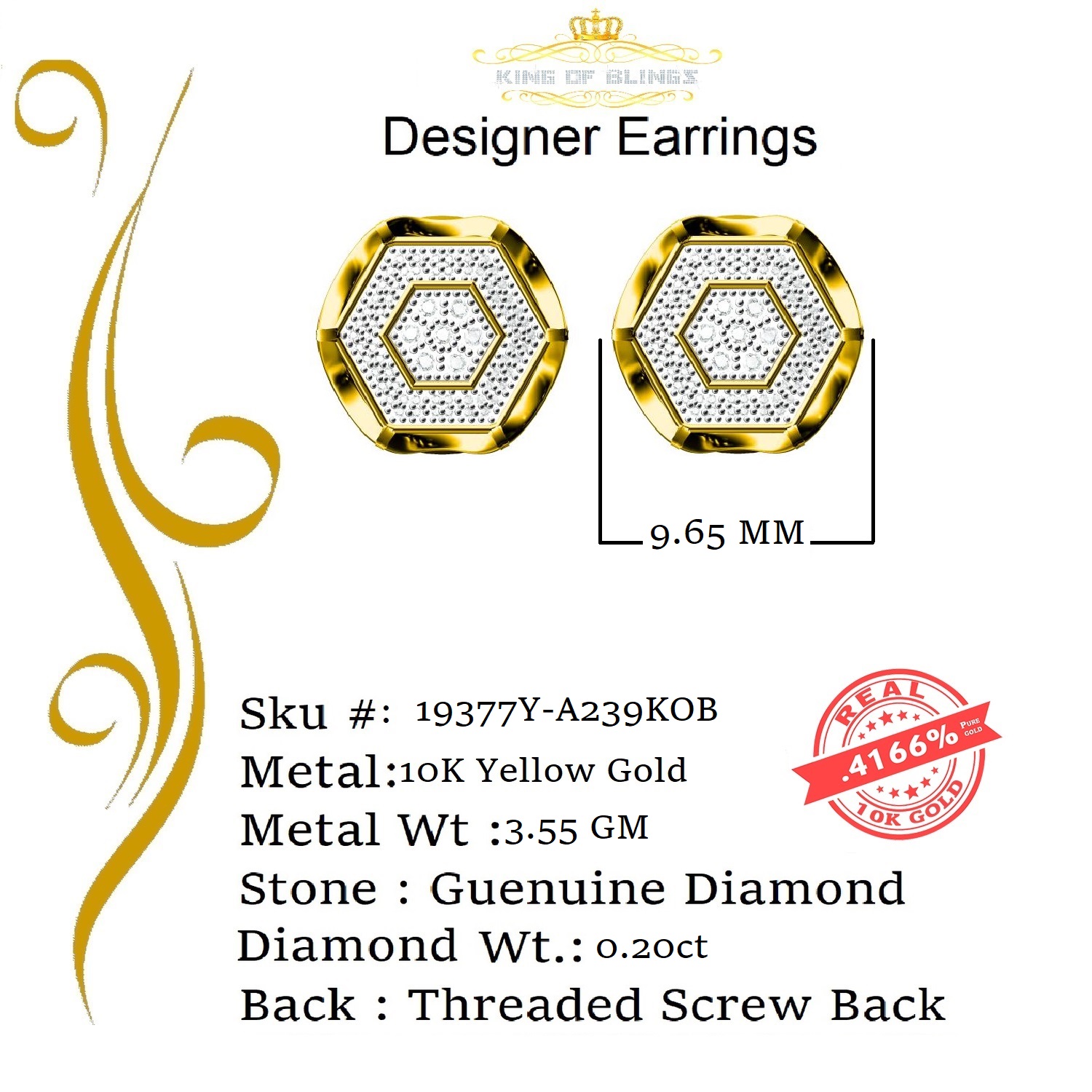 King of Bling's 10K Real Yellow Gold Real Diamond 0.20CT Men's/Women's Stud Micro Earring