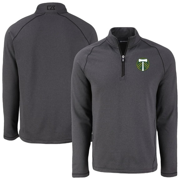 Men's-Cutter & Buck  Heather Black Portland Timbers Peshastin Eco Fleece Recycled Raglan Half-Zip Top