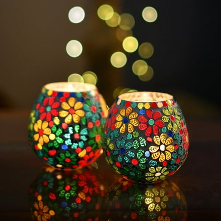 Tealight Candle Holders for Home Decor, Mosaic Glass, Flowers Item for Home Decor | Pack of 2