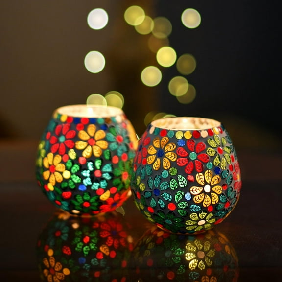 Tealight Candle Holders for Home Decor, Mosaic Glass, Flowers Item for Home Decor | Pack of 2