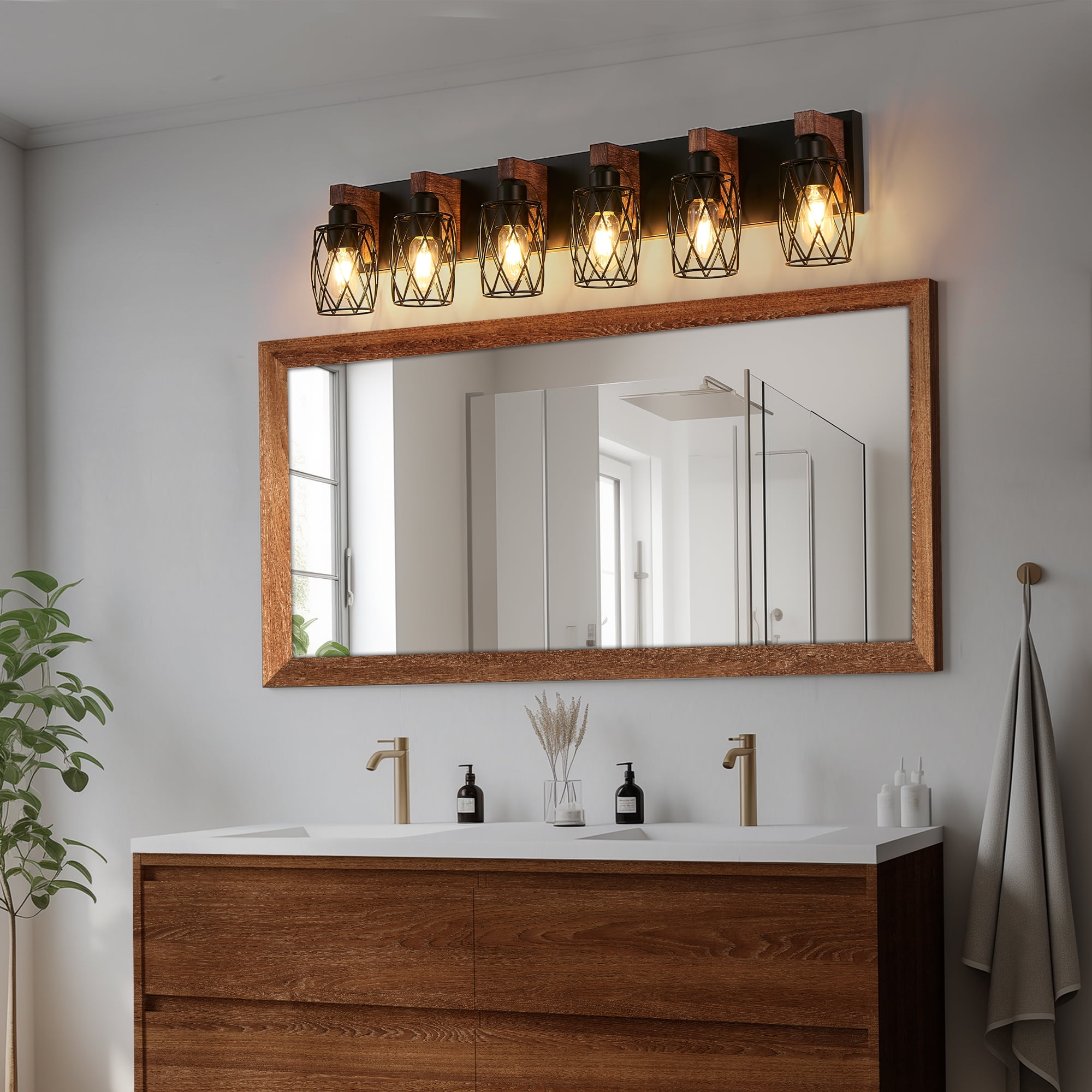 Farmhouse Bathroom Bathroom Vanity Light , 6 Light with Metal and Glass Lampshade, Wood Rustic Lighting Fixtures Over Mirror（37.6inch）