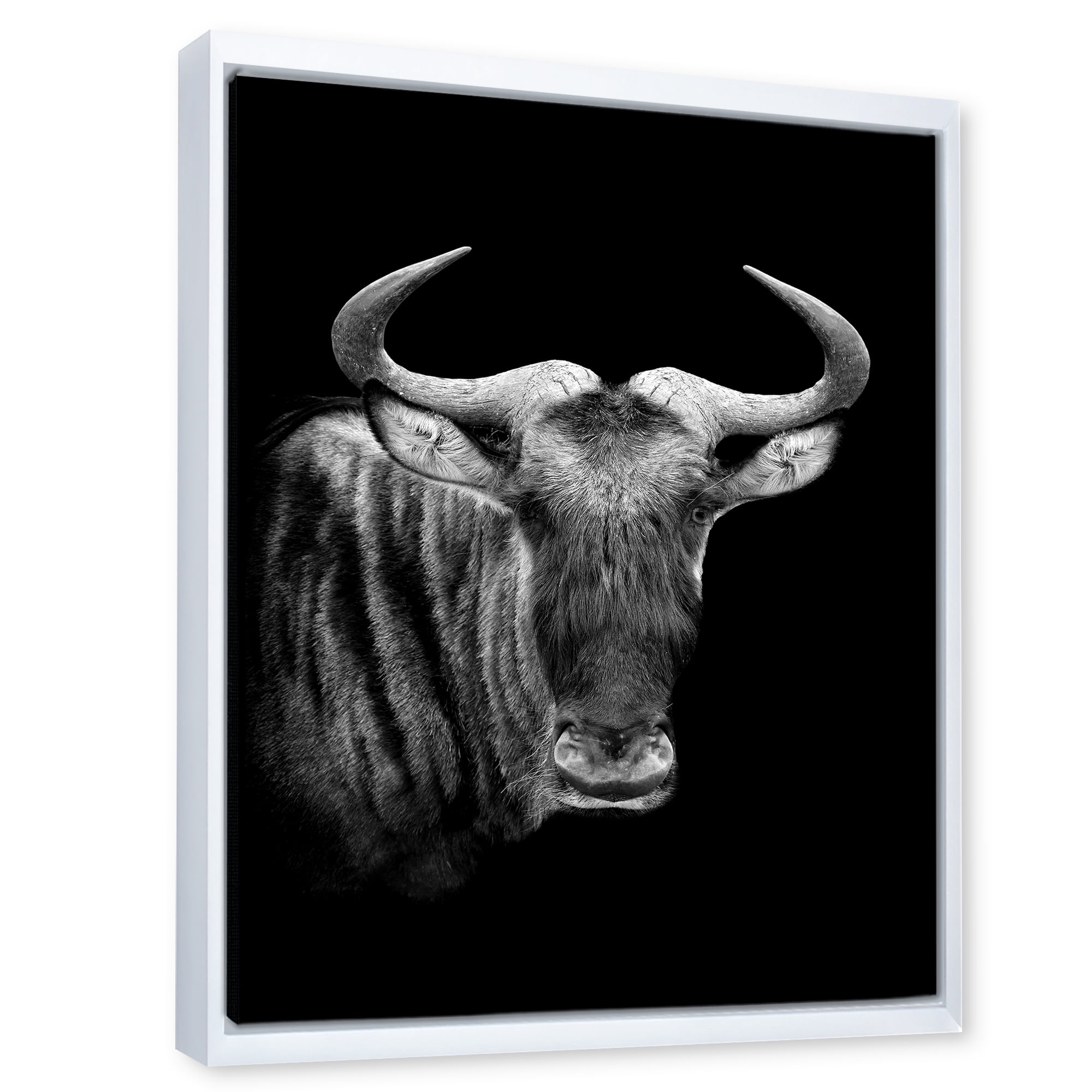 Black and White Portrait Of Wildebeest 24 in x 32 in Framed Photography Canvas Art Print, by Designart
