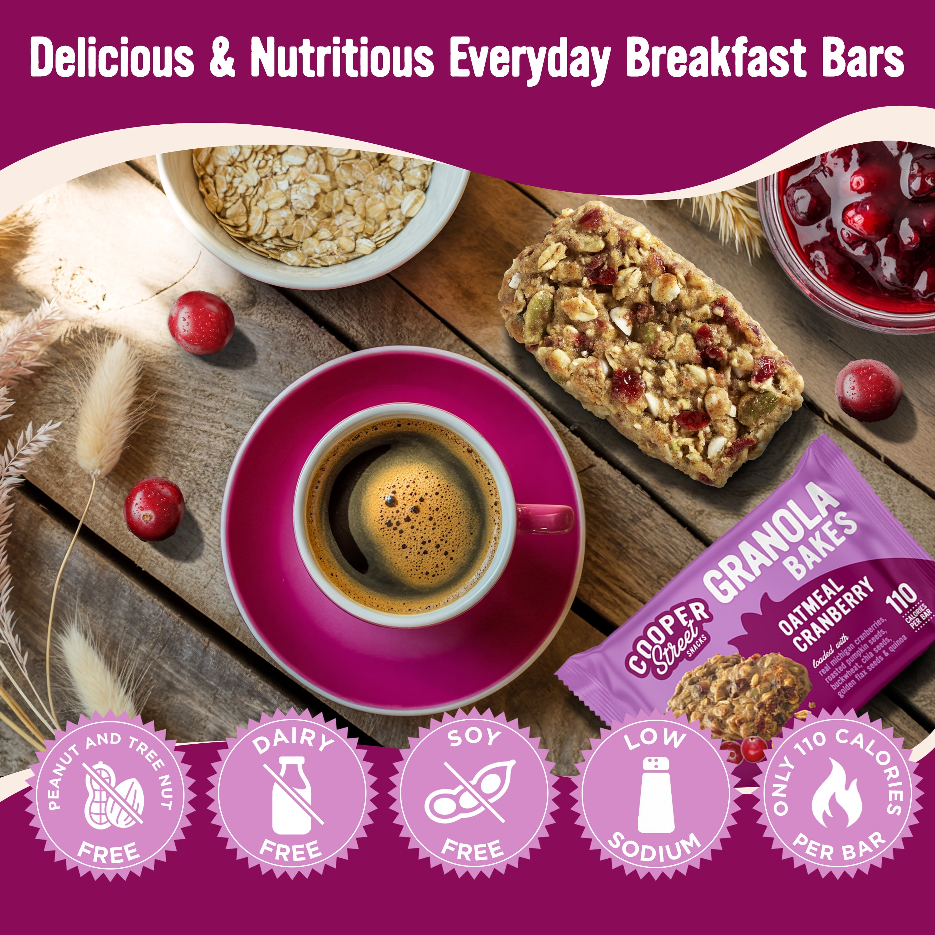 Cooper Street Granola Bakes Oatmeal Cranberry - Soft Breakfast Granola Bars Bulk - Nut, Soy & Dairy Free - 110 Cal - 48ct