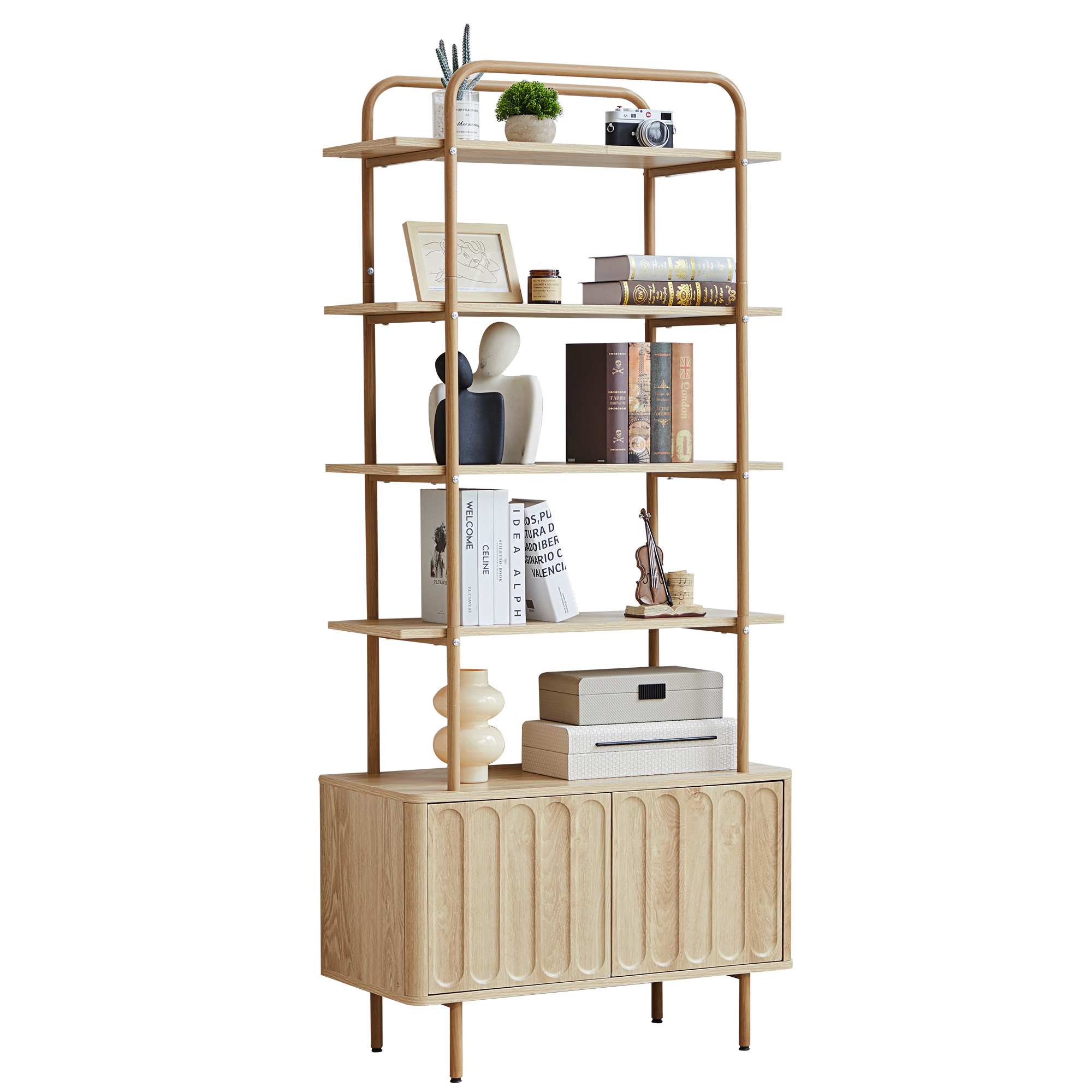 Weselon 5 Tier Ladder Bookshelf with Hidden Storage Cabinet with Doors, Fluted 5-Shelf Wall Mounted Bookcases with Open Display Shelf, Light Honey Wood Finish