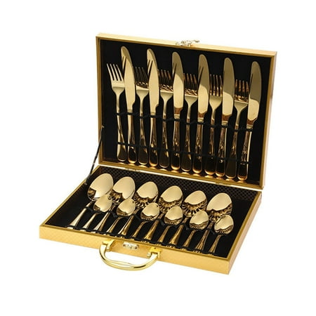 

HitUpon Western Stainless Steel Tableware Wooden Box 24 Pieces Stainless Steel Tableware Set Steak Knife Fork And Spoon For 6 People