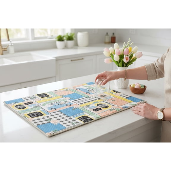 Serafina Home Farmers Spring Kitchen Dish Drying Mat Fun Farm Fresh Truck and Colorful Mason Jar Towels