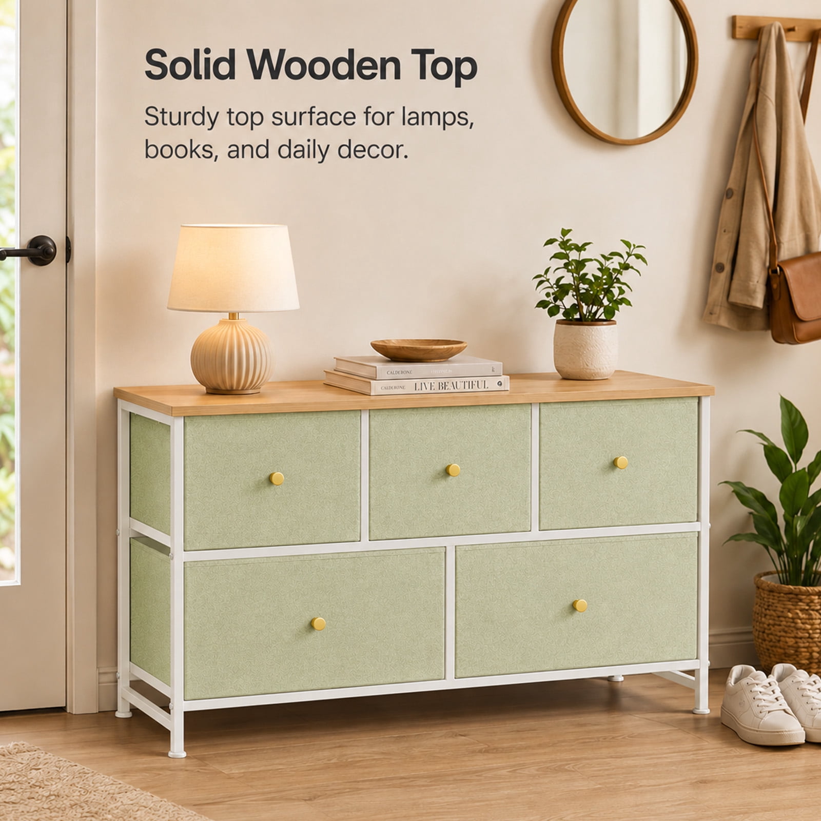 Alvantor 5/7 Drawer Fabric Dresser, Storage Tower for Bedroom and Closet, Chest of Drawers with Sturdy Steel Frame & Wooden Top for Living Room, Entryway