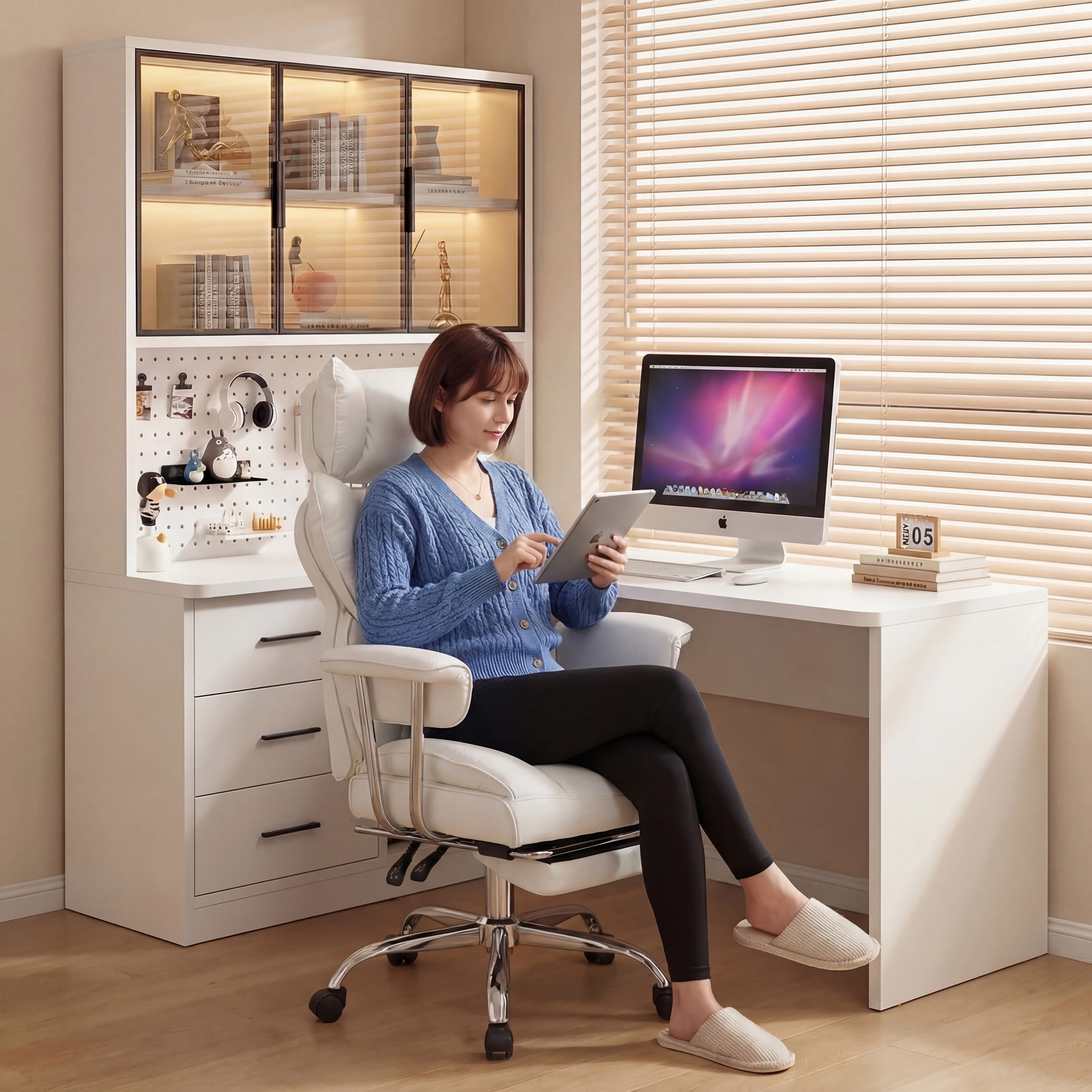 CONCETTA Ergonomic Big and Tall Office Chair, Scratch-Resistant PU Leather Executive Desk Chair with Spring Lumbar Support White