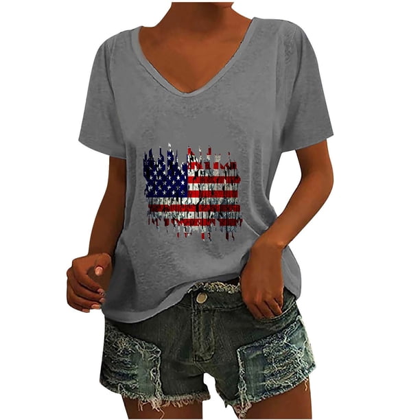 Fiudx Camisetas para Mujer Camiseta de Cuello Redondo con Estampado Del Día de La Independencia Degradado de Manga Corta para Mujer
