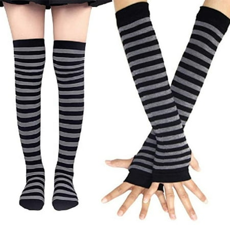 

HOMEIU Stripe Socks Arm Warmers Set Thumbhole Stretchy Glove High Stockings for Cosplay