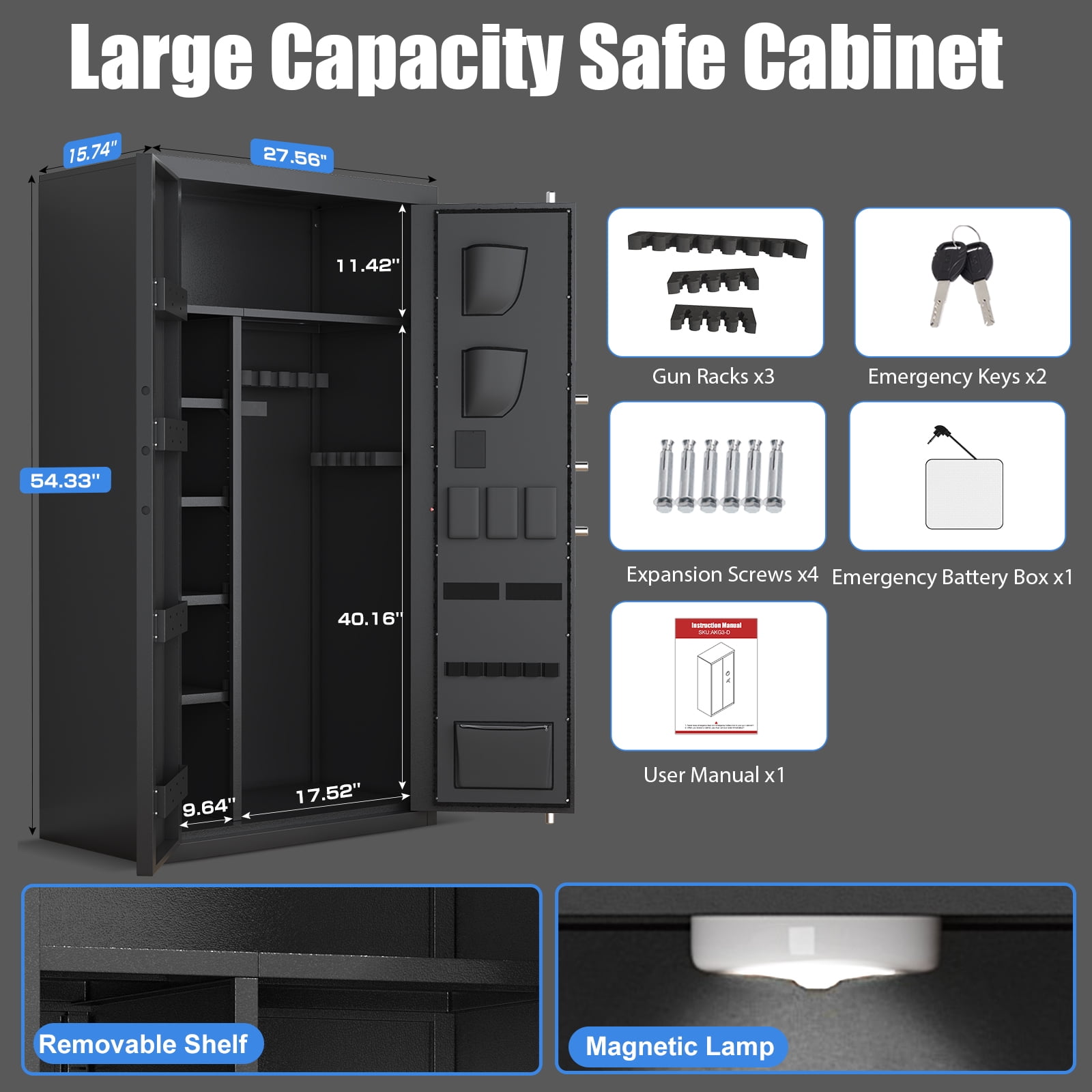 Home Large Gun Cabinet, Digital Backlit Keypad, 3 Opening Methods, Dual Alarm System, Removable Shelves and Led Lights, All-Steel Anti-Theft Design