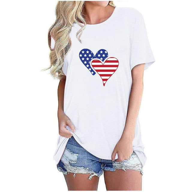 Camisetas de Manga Corta para las Mujeres Día de la Independencia Impresión Básica Camiseta de Verano, Cuello Redondo Casual Camiseta Blusa