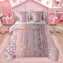 Homewish Fashion Western Aztec Twin Bedding Sets 7-Piece for Female, Abstract Stripes Ombre Bedding Comforter Set, Pink Hippie Triangle Reversible Sheet Sets, Super Cozy Room Decor