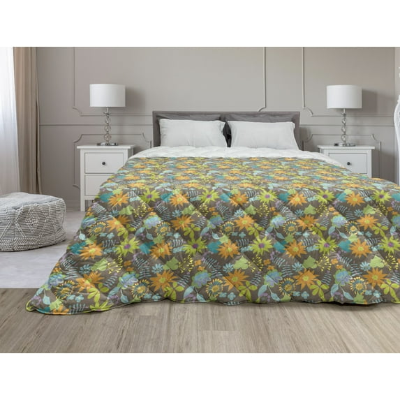 Bird Down Alternative Comforter, Floral Demonstration of Sunflowers Colorful Tropical Jungle Forest Themed Nature, Microfiber Quilt for All Season, 5 Sizes, Multicolor, by Ambesonne