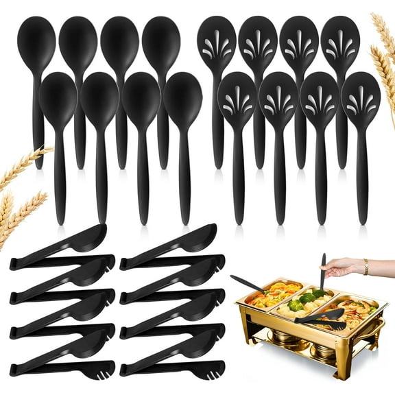 Reusable Plastic Serving Utensils Set of 24, Wheat straw Large Serving set 10" Serving Spoons/10" Slotted Spoons/9.4" Tongs, for Party Chafing Dish Buffet Catering (Black, Not for Cooking)