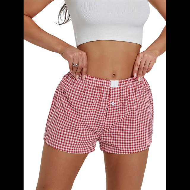 Pantalones Cortos de Pijama A Cuadros Y2K para Mujer, Bóxers Elásticos, Ropa de Calle Rojo L