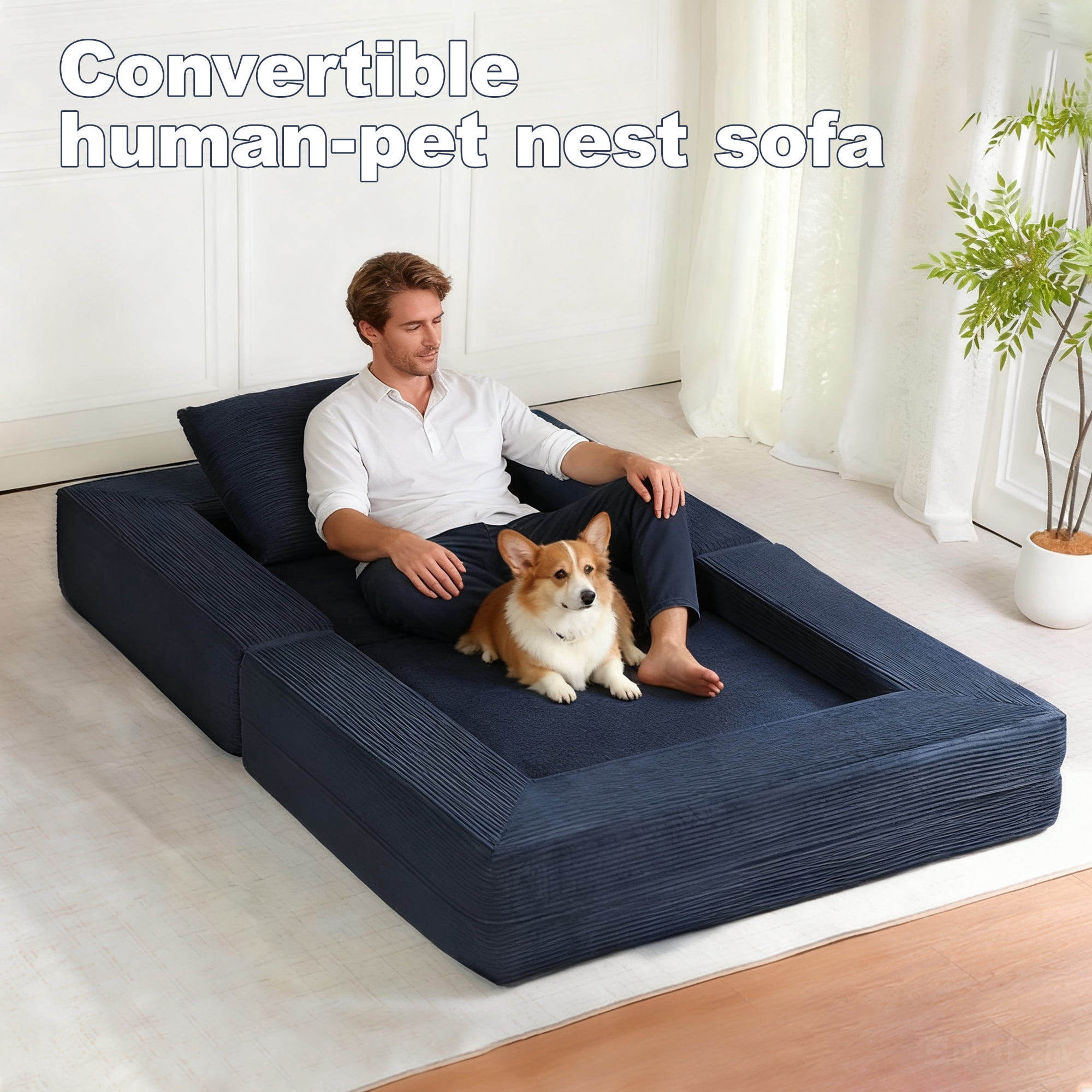 Leumius Single Sofa Bed with Pillow,Boneless Folding Sofa Bed for Living Room Bedroom,No Assembly Required,Dark Blue