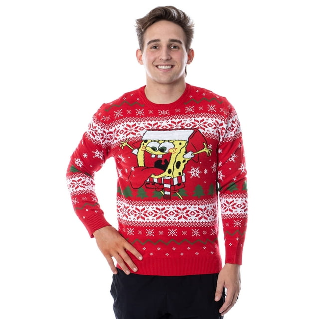 Nickelodeon Spongebob Squarepants Men's Snowflake Catching Ugly Christmas Sweater Holiday Knit Pullover (Medium) Red