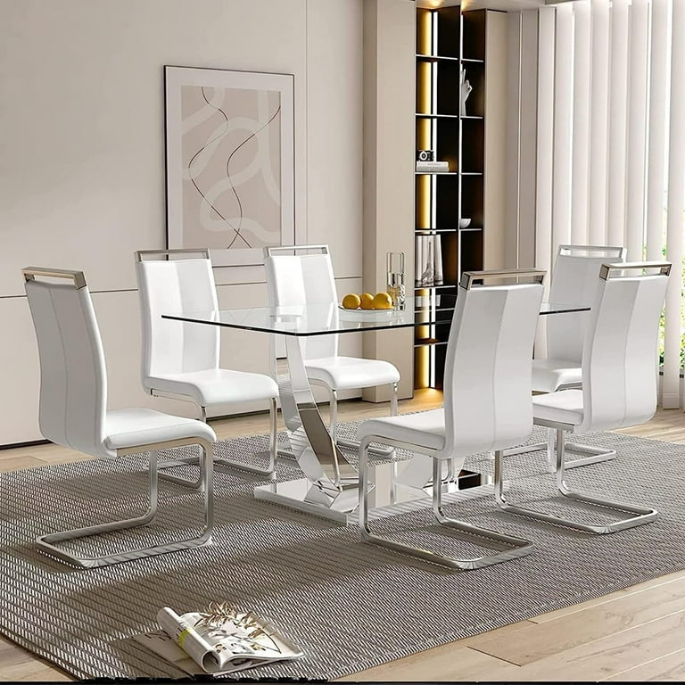 Glass Dining Table Set for 6 Modern Kitchen Table and Chairs Set with Tempered Glass Table and 6 Pcs PU Leather Chairs Large Dining Room Table Set
