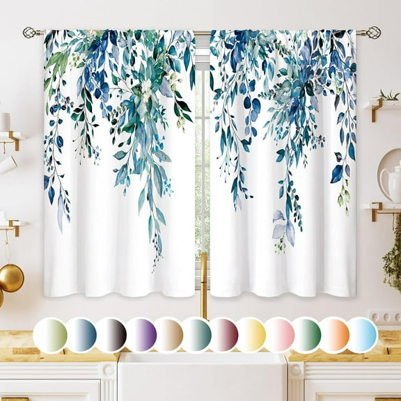 Teal Eucalyptus Botanical Kitchen Curtains – Blue Floral Small Window Treatment, Wildflower Plant Cafe Short Curtains for Bathroom, Light Filtering Rod Pocket Tier Drapes