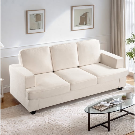 Modern Velvet Sofa, Comfortable 3 Seater Couch With Deep Seating And High-Density Foam, Loose Back Cushions, Wide Arms, Living Room Furniture For Home, Apartment, Office, Ivory