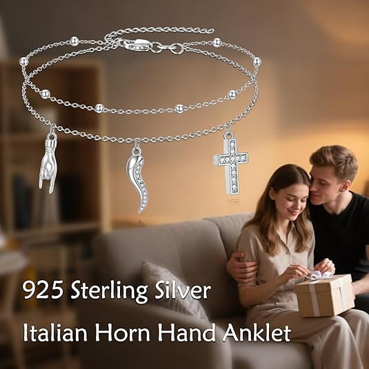 Italian Horn Hand Anklet 925 Sterling Silver Cornicello and Mano Cornuto Layered Ankle Bracelet Italian Good Luck Protection Amulet Jewelry for Women Gifts