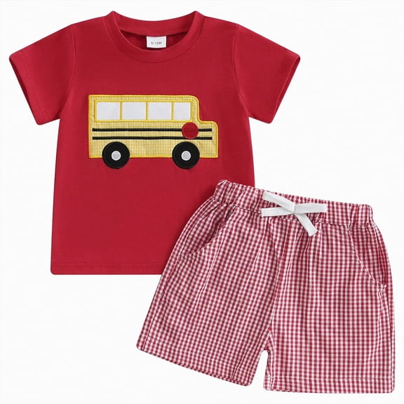 NIEWTR Toddler Baby Boy Clothes Summer Outfits Embroidery Smocked Short Sleeve Shirt T-Shirt Elastic Waist Shorts 1T 2T 3T 4T(Red,6-12 Months)