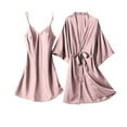 thumbnail image 2 of Pajamas for Women Plus Size S-4X 2 Piece Long Sleeve Robes Sleeveless Nightgowns Sets Casual Solid Soft Silk Sleepwear Outfits, 2 of 6