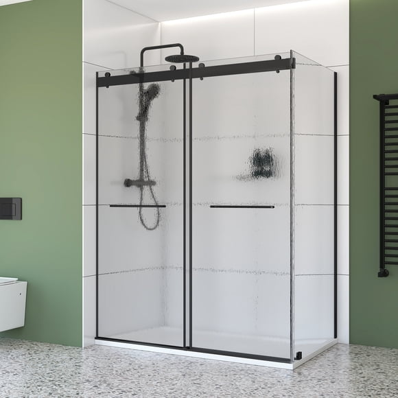 48" x 36" Black Corner Sliding Shower Kit – Frameless Double Bypass Doors with 6 mm Raindrop Tempered Glass, Left‑Hand Installation & SMC Base