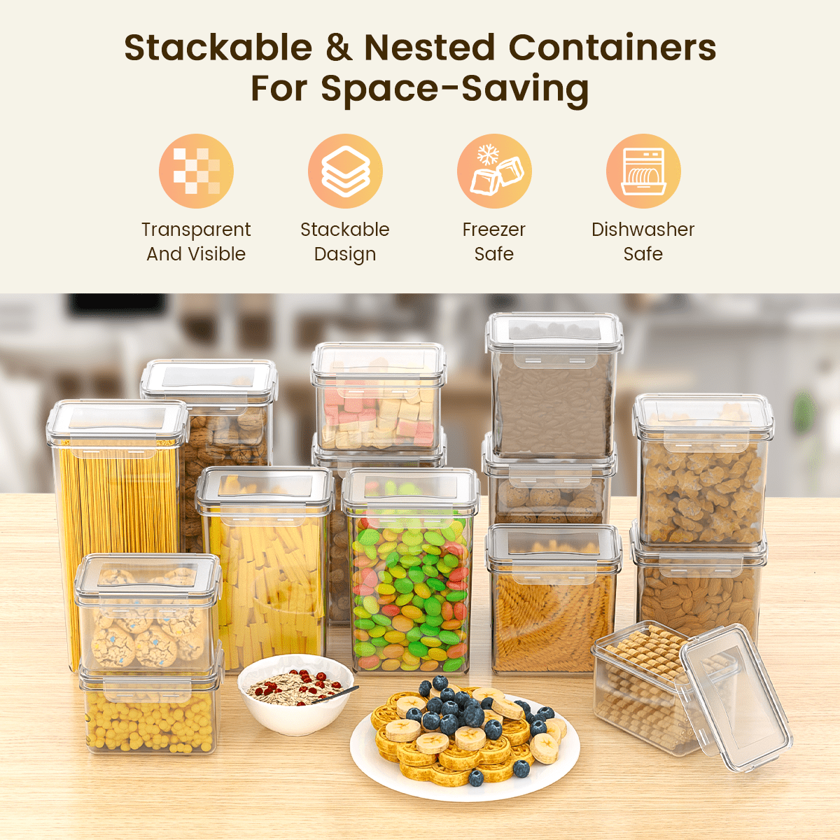 GPED 14 Pack Airtight Food Storage Containers with Lids, Plastic Kitchen and Pantry Organization Canisters for Cereal, Dry Food, Flour and Sugar, BPA Free, Free Spoon Set, Labels & Marker