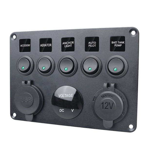 Voltímetro de interruptor de 5 bandas, panel de interruptor de palanca de 12 V para RV, camión, barco (verde) Likrtyny Accesorios para autos y motos