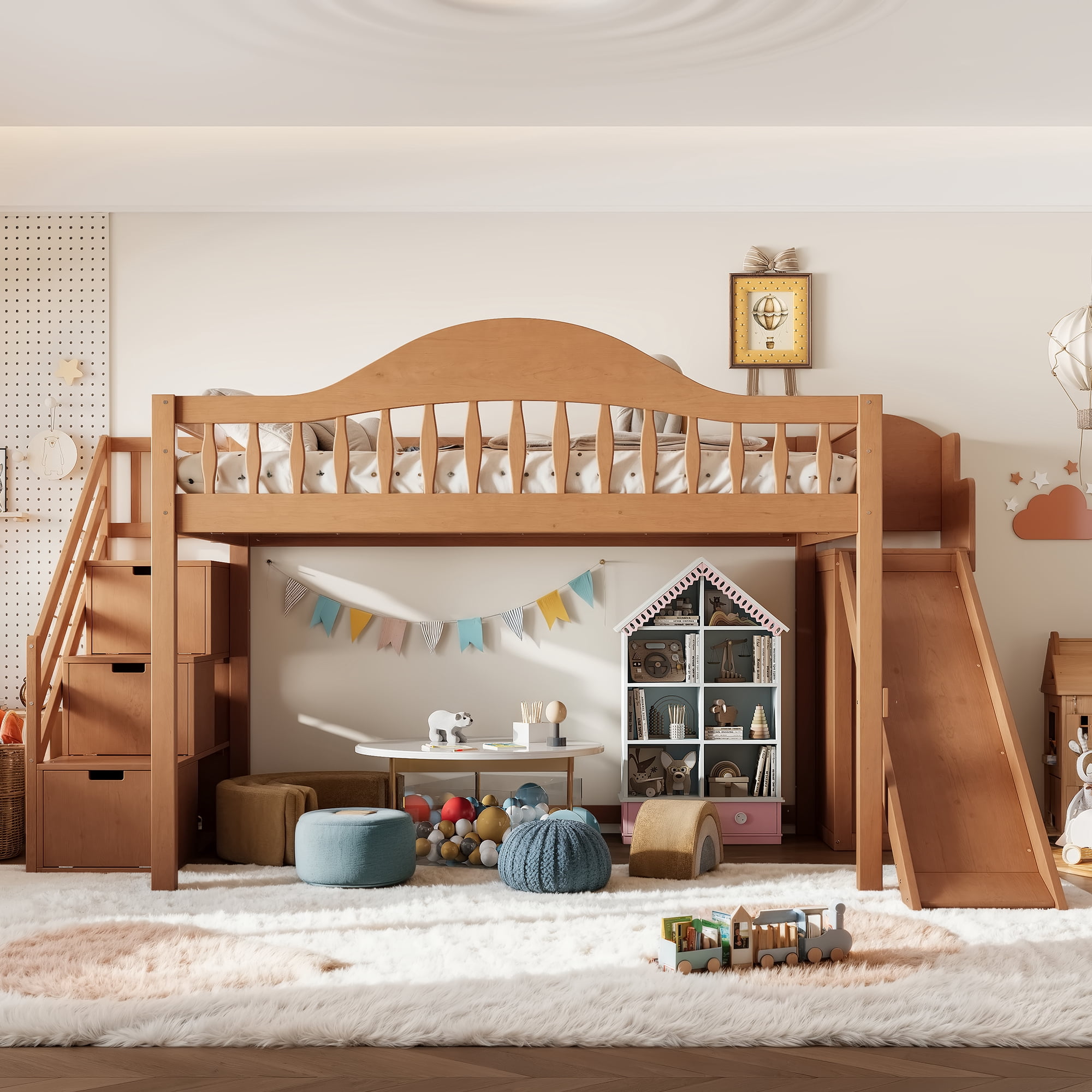 Leumius Full Loft Bed with Storage Stairs, Slide & Built-in Wardrobe, Stylish High Guardrail, Wood Loft Bed Frame for Bedroom,Dorms,Guests Walnut