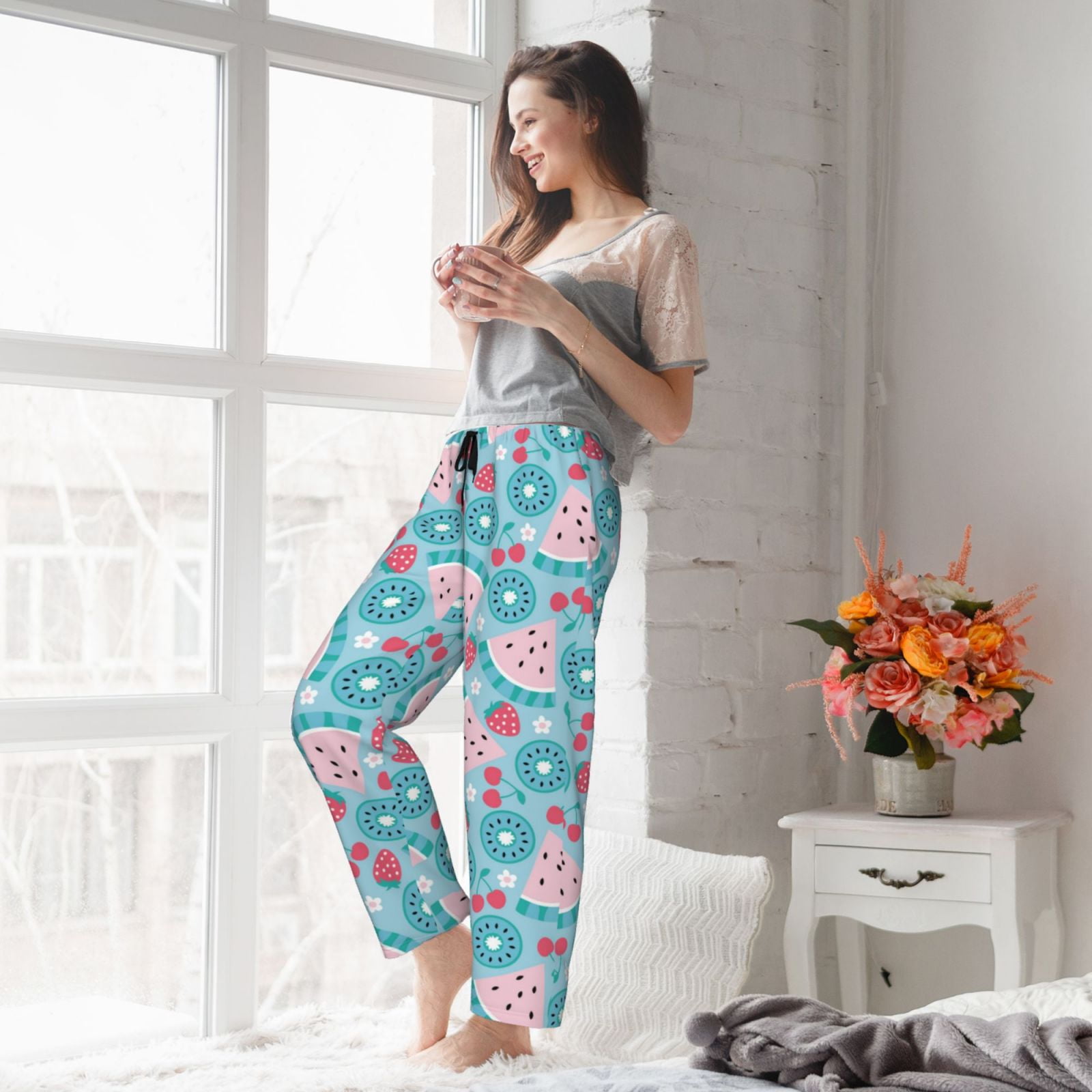 Pajama Pants Women - melon kiwi strawberry print Soft