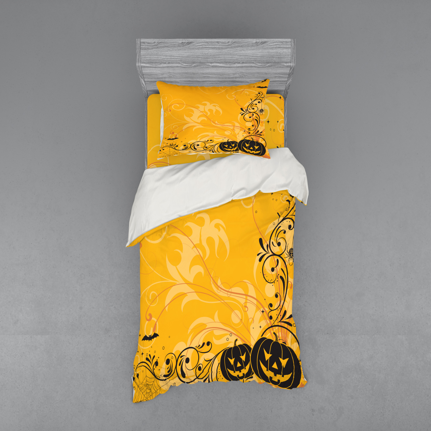 Halloween Duvet Cover Set, Carved Pumpkins with Floral Patterns Bats