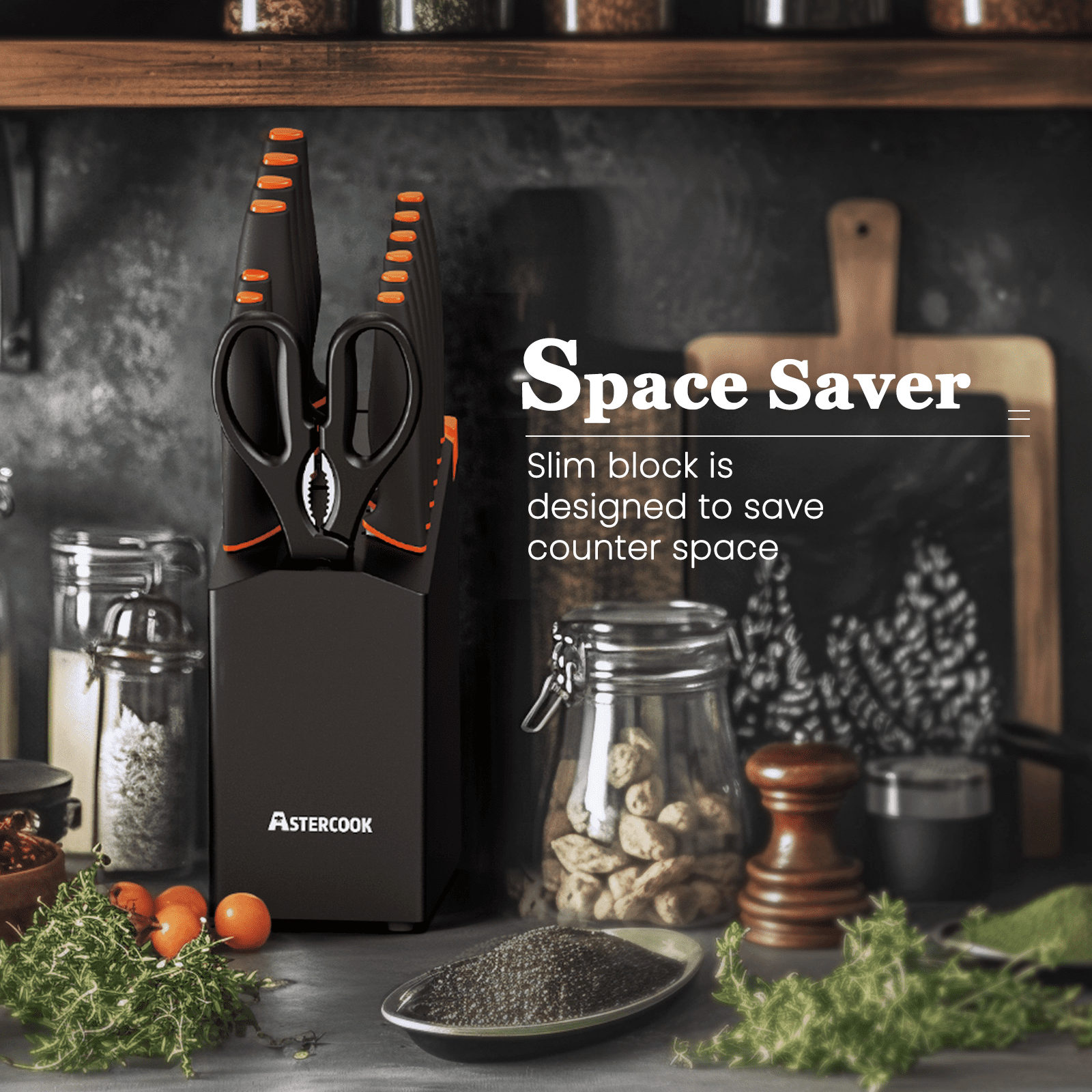 Astercook 14-Piece Kitchen Knife Set with Block, High Carbon German Stainless Steel, Built-in Sharpener, Dishwasher Safe, Black
