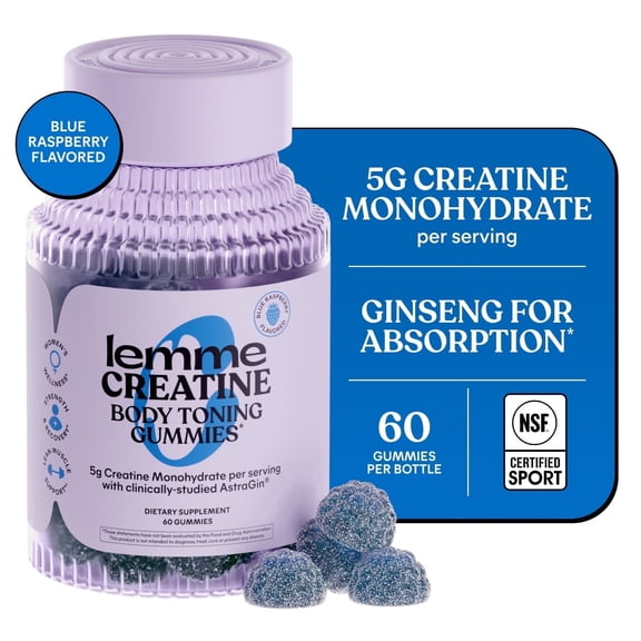 Lemme Creatine Monohydrate Gummies for Women and Men, 5g Dose to Support Lean Muscle, Strength, Recovery, Cognitive Health, w/Ginseng for Absorption, Blue Raspberry, 60 Gummies