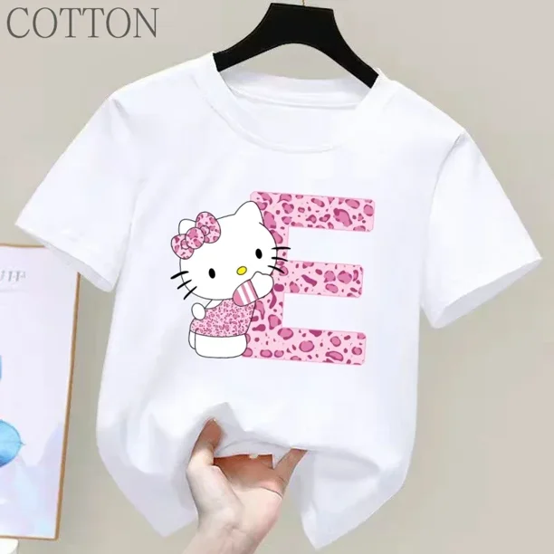 Camiseta de algodón de manga corta con letras de Hello Kitty para niños, Top con estampado de dibujos animados, ropa para niñas, regalo de cumpleaños para bebés, A-Z de verano