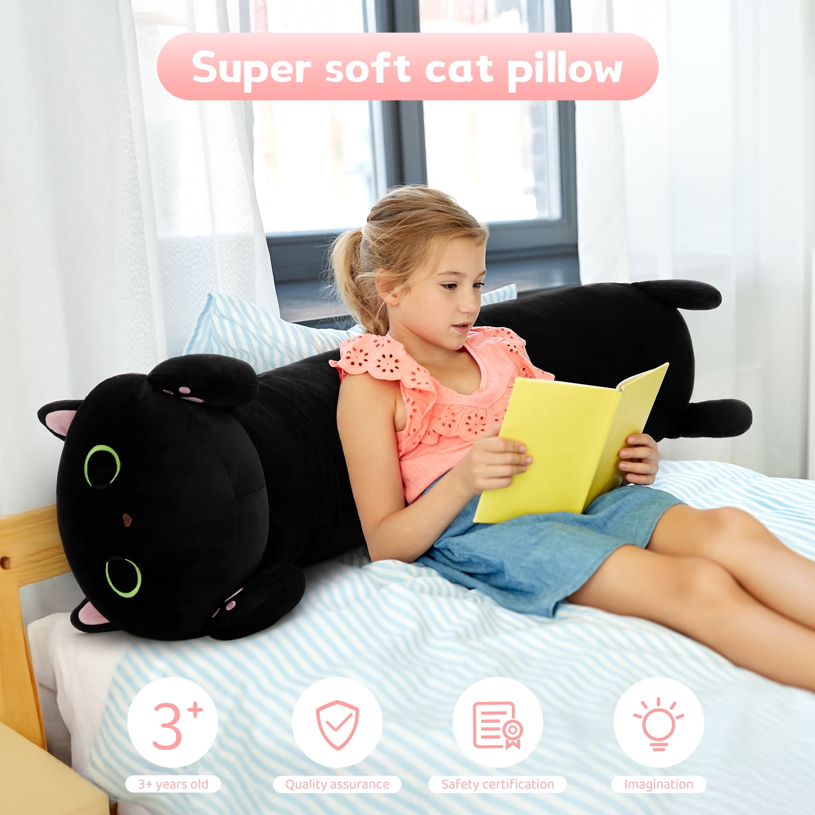 MaoGoLan Black Cat Plush Body Pillow 44'' Giant Glow in The Dark Cat Stuffed Animal Toy