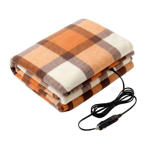 Stalwart 12V Electric Heated Blanket for Car, Truck, or RV (Orange Plaid)