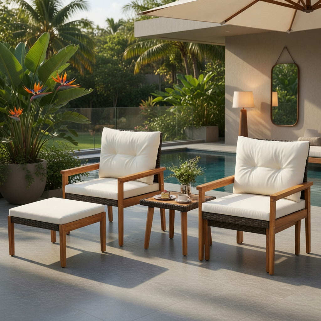 Hommoo 5-Piece PE Rattan Outdoor Furniture Set with Square Coffee Table & Matching Ottomans, Acacia Wood Frame, Weather-Resistant Wicker Patio Set for Backyard, Poolside & Porch, White