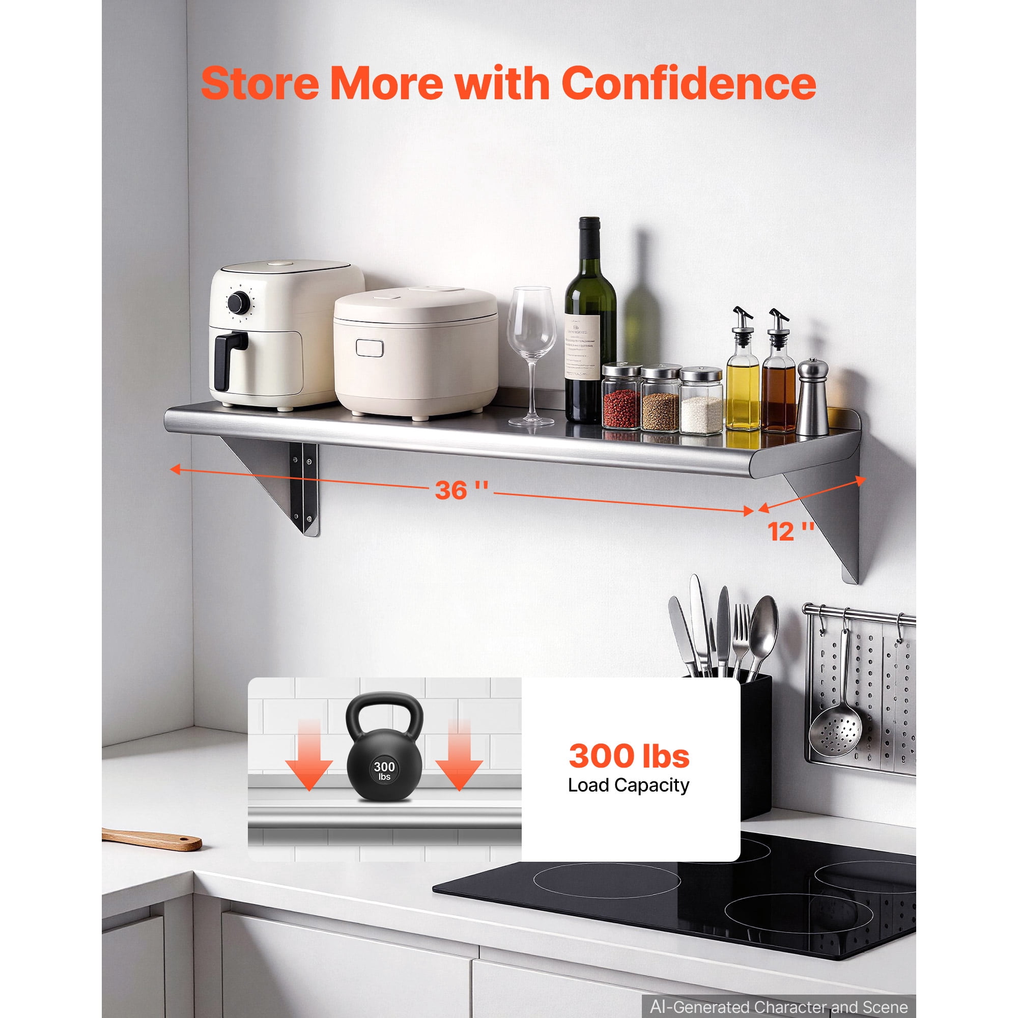 KFFKFF Stainless Steel Wall Shelf 12" x 36" 2-Pack, Durable Floating Shelves with Brackets, 300 lbs Load Capacity, Easy Maintenance, Ideal for Kitchens, Restaurants, and Garages