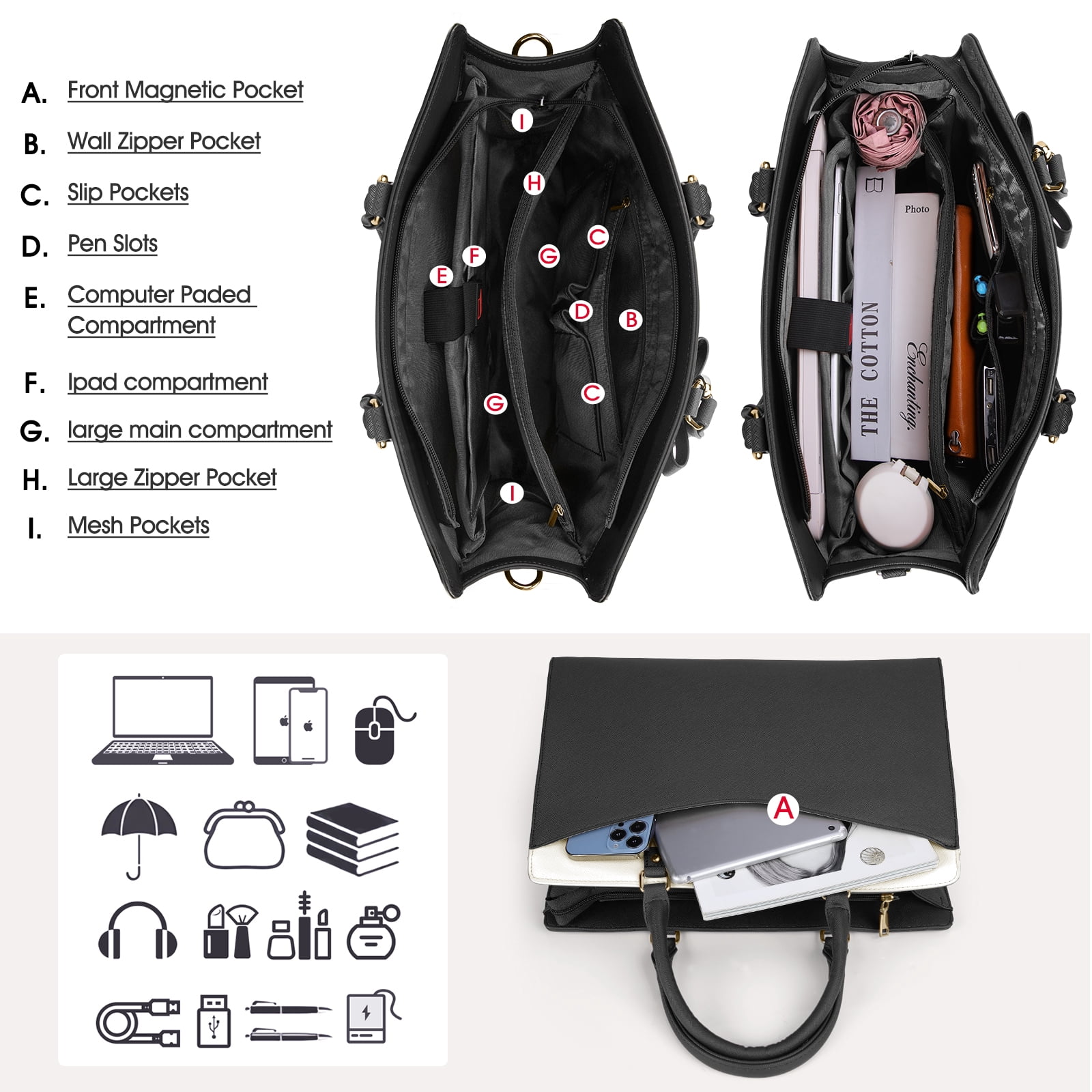 RAINSMORE Laptop Bag for Women 15.6 Inch PU Tote Bag Lightweight Business Office Handbag Work Bag Waterproof Shoulder Briefcase