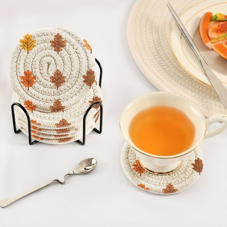 

Autumn Leaves Pattern Set of 6 Durable Woven Polyester Coasters with Black Storage Rack 4in